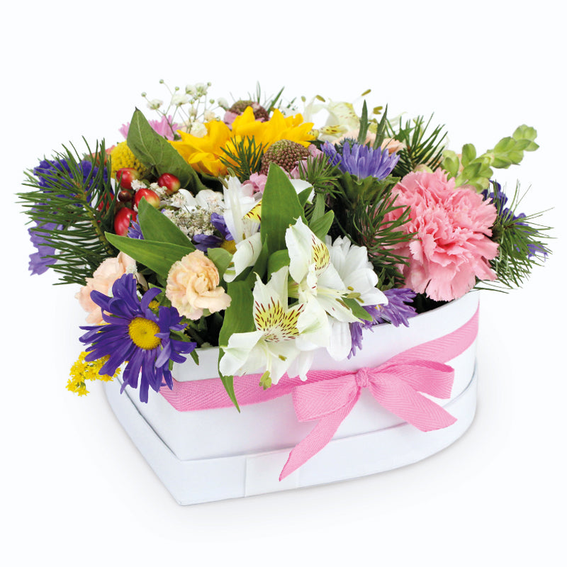 Caja de Corazón Pequeña Con Flores de Temporada