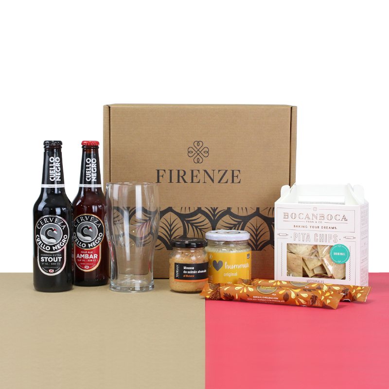 Caja de Regalos con 2 Cervezas Cuello Negro / Pita Chips BOCANBOCA - Firenze Rose™