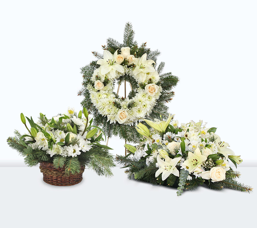Set de Condolencias 3 - Corona Pequeña - Canasto de Rosas y Liliums - Cubre Urnas