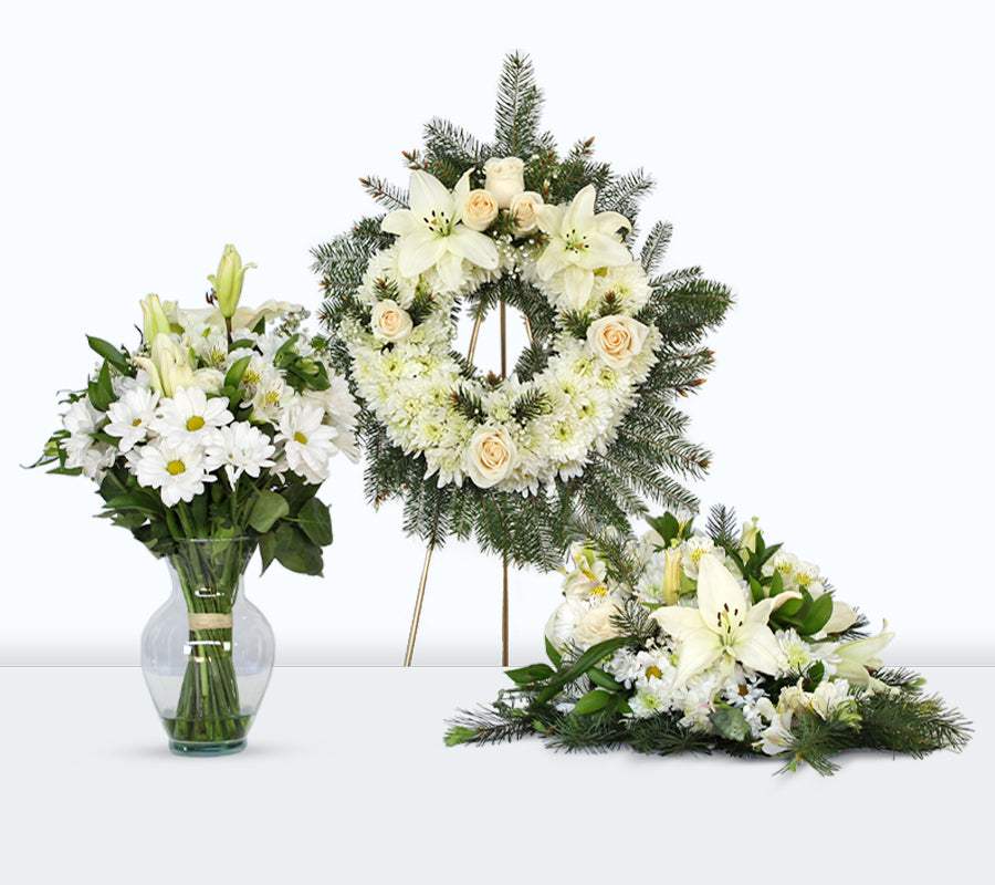 Set de Condolencias 1 - Corona Pequeña - Arreglo Mables - Cojín de Flores